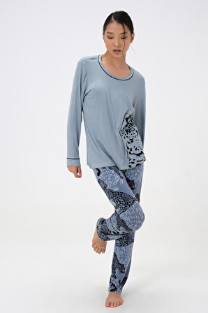 Dress Cabinet Kadın Jaguar Desen Pamuklu Uzun Kol Pijama Takımı