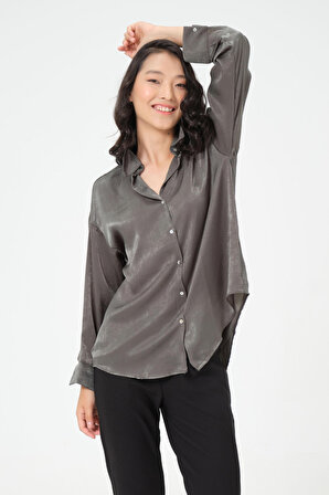 Dress Cabinet Kadın Arkası Uzun Düz Renk Saten Gömlek