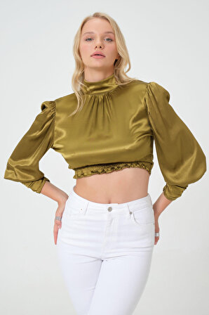 Dress Cabinet Arkası Bağlamalı Dekolteli Uzun Kol Boğazlı Saten Crop Bluz