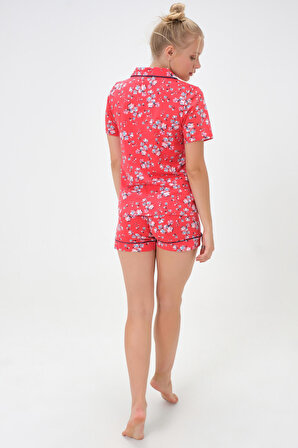 Dress Cabinet Kadın Kırmızı Çiçek Desenli Gömlek Yaka Şortlu Pamuklu Pijama Takımı
