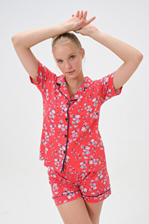 Dress Cabinet Kadın Kırmızı Çiçek Desenli Gömlek Yaka Şortlu Pamuklu Pijama Takımı