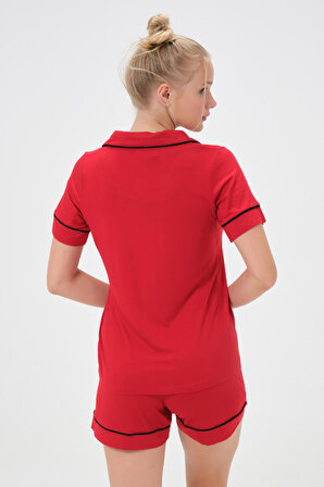 Dress Cabinet Kadın Düz Renk Kısa Kol Gömlek Yaka Şortlu Pijama Takımı