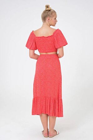 Dress Cabinet Kadın Kırmızı Puantiyeli Altı Fırfırlı Kemerli Uzun Etek