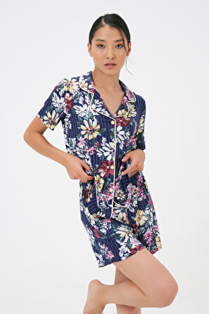 Dress Cabinet Kadın Lacivert Çiçekli Düğmeli Şortlu Pamuklu Pijama Takımı