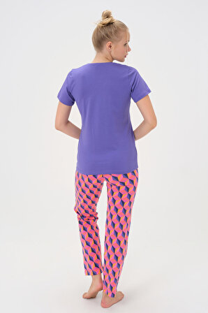 Dress Cabinet Kadın Donut Baskılı V-Yaka Pamuklu Kısa Kol Pijama Takımı