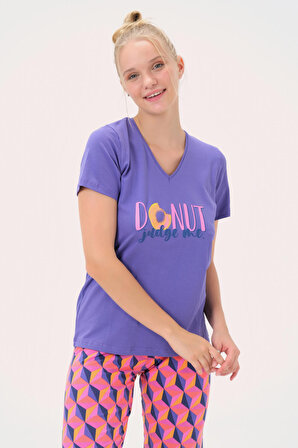 Dress Cabinet Kadın Donut Baskılı V-Yaka Pamuklu Kısa Kol Pijama Takımı