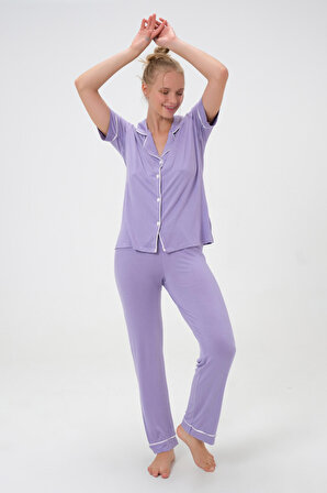 Dress Cabinet Kadın Şerit Detaylı Gömlek Yaka Kısa Kol Pijama Takımı