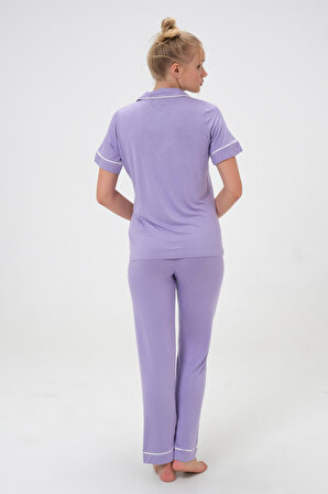 Dress Cabinet Kadın Şerit Detaylı Gömlek Yaka Kısa Kol Pijama Takımı