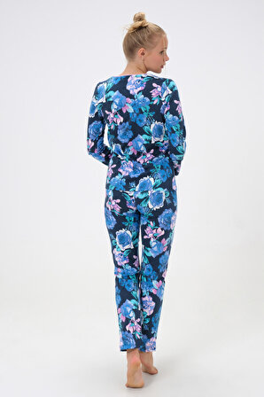 Dress Cabinet Kadın Büyük Çiçek Desenli Düğmeli Uzun Kol Pamuklu Pijama Takımı