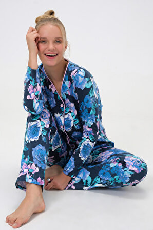 Dress Cabinet Kadın Büyük Çiçek Desenli Düğmeli Uzun Kol Pamuklu Pijama Takımı