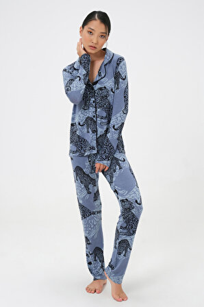 Dress Cabinet Kadın Gri Jaguar Desen Düğmeli Uzun Kol Pamuklu Pijama Takımı