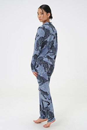 Dress Cabinet Kadın Gri Jaguar Desen Düğmeli Uzun Kol Pamuklu Pijama Takımı