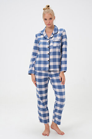 Dress Cabinet Kadın Mavi Ekoseli Gömlek Yaka Düğmeli Uzun Kol Pijama Takımı