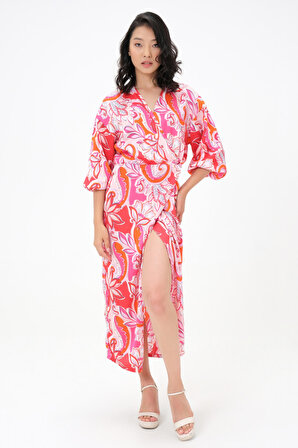 Dress Cabinet Egzotik Desen Yırtmaçlı Dekolteli Balon Kol Elbise