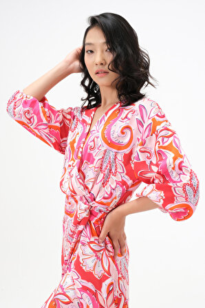 Dress Cabinet Egzotik Desen Yırtmaçlı Dekolteli Balon Kol Elbise