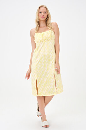Dress Cabinet Kadın Sarı Çiçekli Yırtmaç Detay Ayarlı İp Askı Elbise