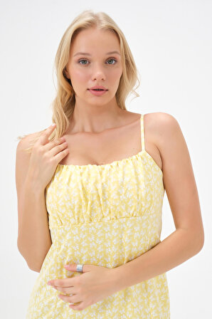 Dress Cabinet Kadın Sarı Çiçekli Yırtmaç Detay Ayarlı İp Askı Elbise