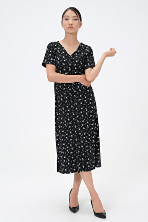 Dress Cabinet Kadın Çiçek Desenli Önü Düğmeli Yırtmaç Detay Elbise