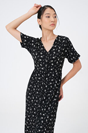 Dress Cabinet Kadın Çiçek Desenli Önü Düğmeli Yırtmaç Detay Elbise