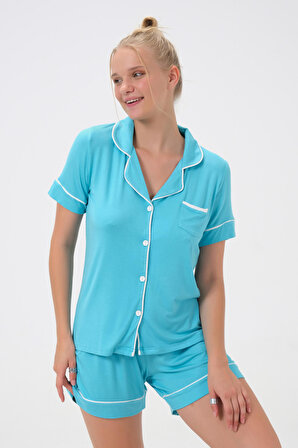 Dress Cabinet Kadın Düz Renk Kısa Kol Gömlek Yaka Şortlu Pijama Takımı