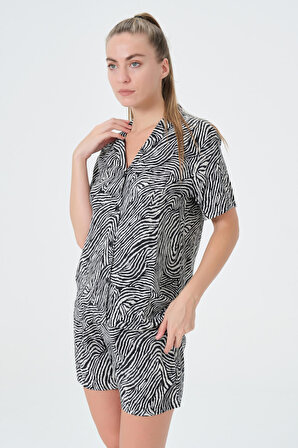 Dress Cabinet Kadın Zebra Desen Şortlu Kısa Kol Viskon Pijama Takımı