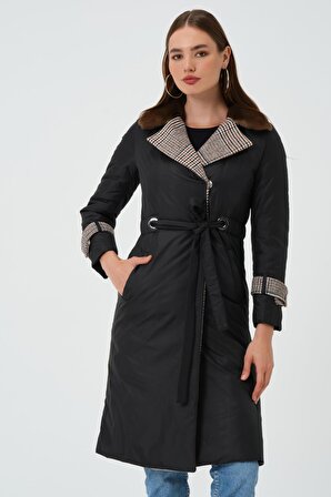 Dress Cabinet Kadın Kürk Yaka Ekose Detay Uzun Şişme Mont