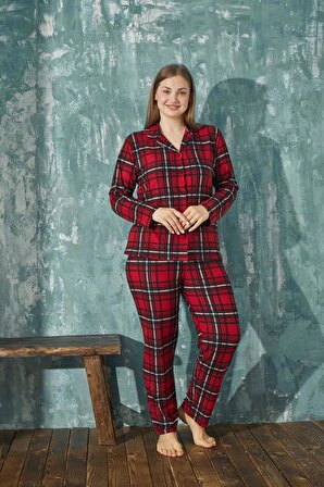 Kadın Büyük Beden Uzun Kol Süet Gömlek Yaka Ekose Kırmızı Pijama Takımı C2T0N6O01-4