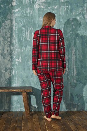 Kadın Büyük Beden Uzun Kol Süet Gömlek Yaka Ekose Kırmızı Pijama Takımı C2T0N6O01-4