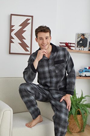 Erkek Uzun Kol Apaj Yaka Pazen Önden Düğmeli Antrasit Pijama Takımı C4T0N3O5