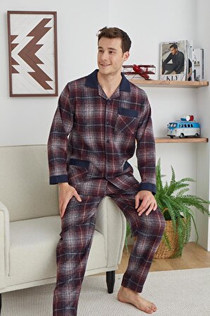 Erkek Uzun Kol Apaj Yaka Pazen Önden Düğmeli Bordo Pijama Takımı C4T0N3O5