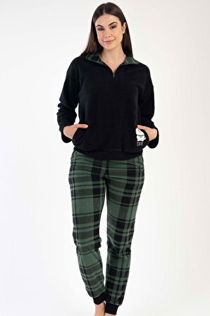 Kadın Uzun Kol Polar Siyah Pijama Takımı C3T0N3O020