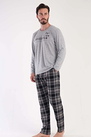 Erkek Büyük Beden Uzun Kol Gri Pijama Takım C3T0N5O087