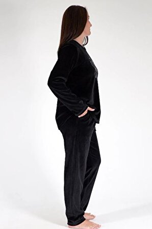 Kadın Büyük Beden Uzun Kol Kadife Siyah Pijama Takımı C3T0N6O006