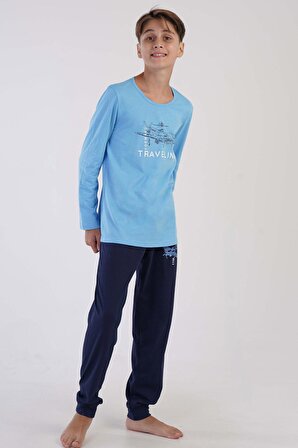 Erkek Çocuk Uzun Kol Mavi Pijama Takımı 3C0T6N0O23