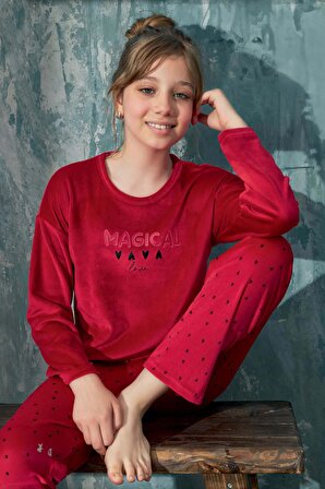 Kız Çocuk Uzun Kol Kadife Kırmızı Pijama Takım C1T3N3O52-1