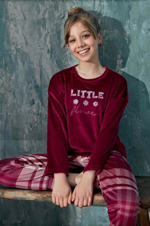Kız Çocuk Uzun Kol Kadife Bordo Pijama Takım C1T3N3O53-55
