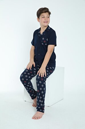 Erkek Çocuk Kısa Kol Önden Düğmeli Lacivert Pijama Takım C4T7N68