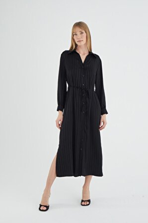 Kadın Uzun Kol Önden Düğmeli Siyah Elbise C6T0N2O12