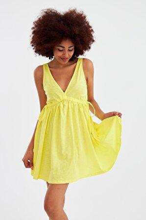 Kadın V Yaka Sarı Plaj Elbisesi C3T0N0O25