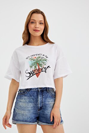 Kadın Thai Palmiye Beyaz Crop T-Shirt C2T0N023