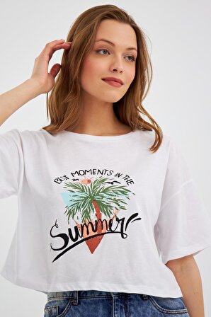 Kadın Thai Palmiye Beyaz Crop T-Shirt C2T0N023