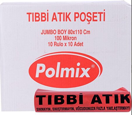 Çöp Torbası Polmix Tıbbi Atık Jumbo Boy 800 Gram 80 X 110 100 Mikron Çift Kat Kırmızı 1 Koli 10 Paket