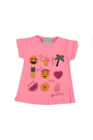 Etek Kısmı Geniş Emoji Baskılı Kız Çocuk T-shirt