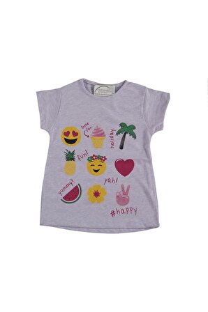 Etek Kısmı Geniş Emoji Baskılı Kız Çocuk T-shirt