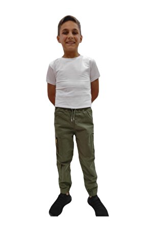 Erkek Çocuk Paça Komando Lastikli Fermuarlı Keten Pantolon