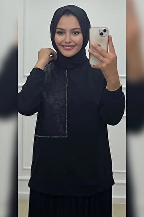 Elele Kadın Sima Scuba Taşlı Garnili Pilise Etek Bluz Takım Siyah