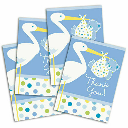 Mavi Renk Baby Stork Baby Shower Teşekkür Zarfı ve Not Seti 8 Adet (3984)