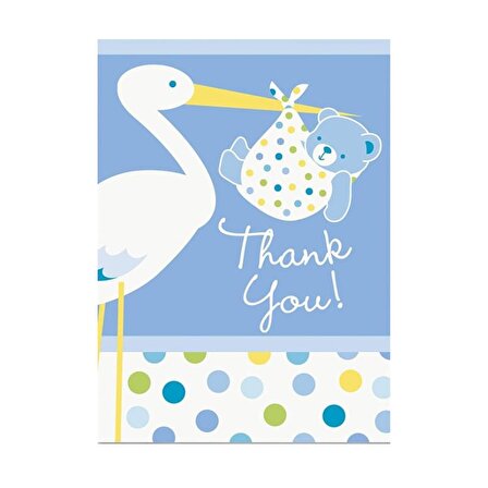 Mavi Renk Baby Stork Baby Shower Teşekkür Zarfı ve Not Seti 8 Adet (3984)