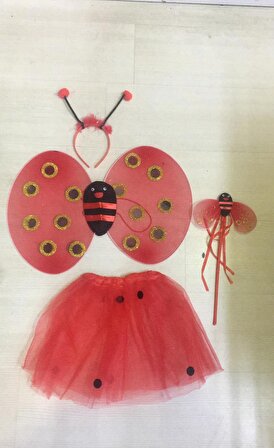 Kırmızı Renk Uğur Böceği Kanadı Eteği Tacı ve Sopası 4 lü Kostüm Seti (3984)