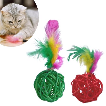 2li Rattan Renkli Peluş Tüy Kedi Köpek Oyuncak Yakalama Çiğneme Çıngıraklı Top Oyuncağı (3984)